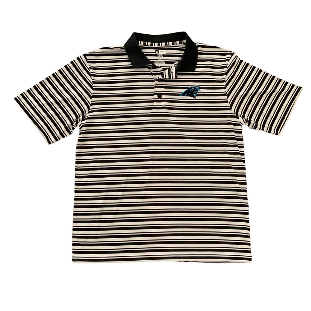 NFL Team Apparel Carolina Panthers White/Black Striped Polo Shirt Men’s Large